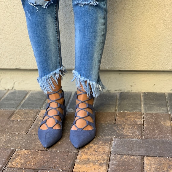 Denim Blue Pointy Toe Lace Up Classic Ballet Flats - Picture 3 of 8